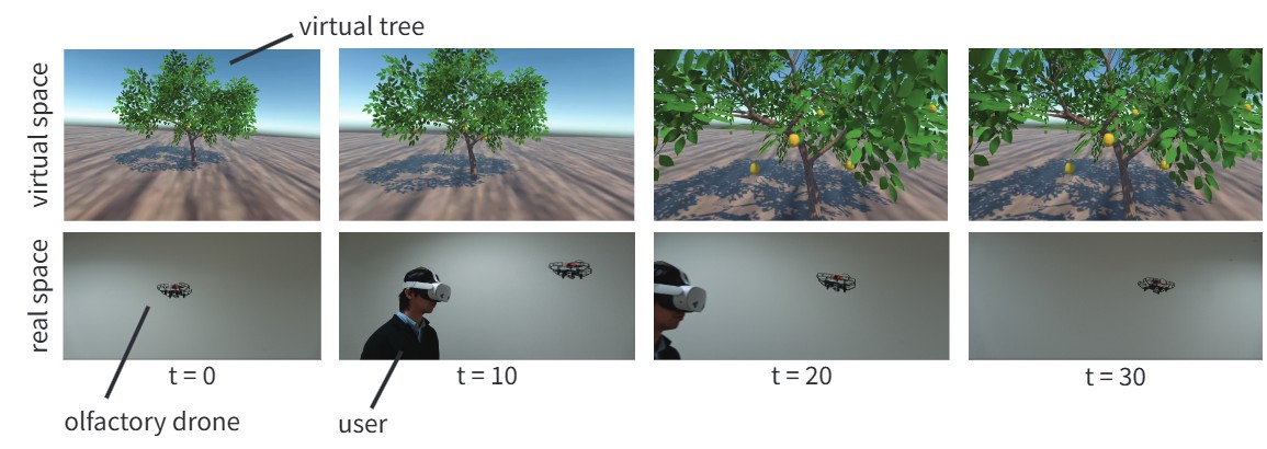Four time steps, t = 0, 10, 20, 30, showing the virtual tree getting closer in the headset view and, in the real room, the drone hovering, the user approaching, and the drone withdrawing.
