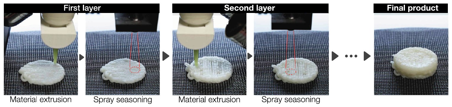 Sequential fabrication: first layer material extrusion then spray seasoning, second layer extrusion then spray seasoning, and so on to the final product.
