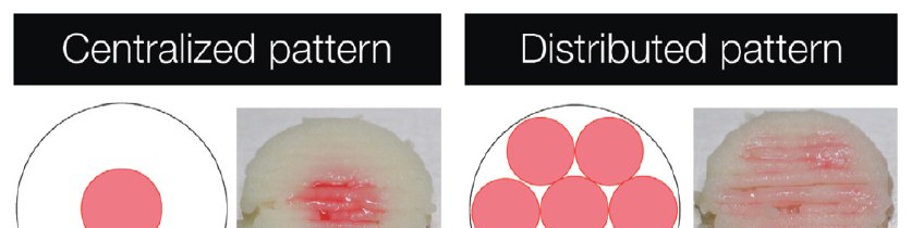 Centralized and distributed seasoning patterns, each shown as a schematic and as a dyed sample.